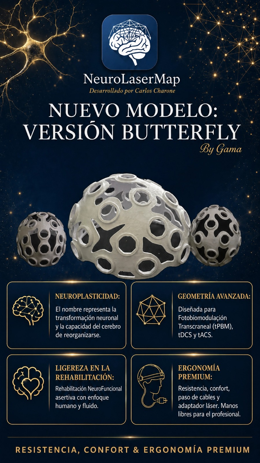Infografía NeuroLaserMap Butterfly — Neuroplasticidad, Geometría Avanzada, Ergonomía Premium